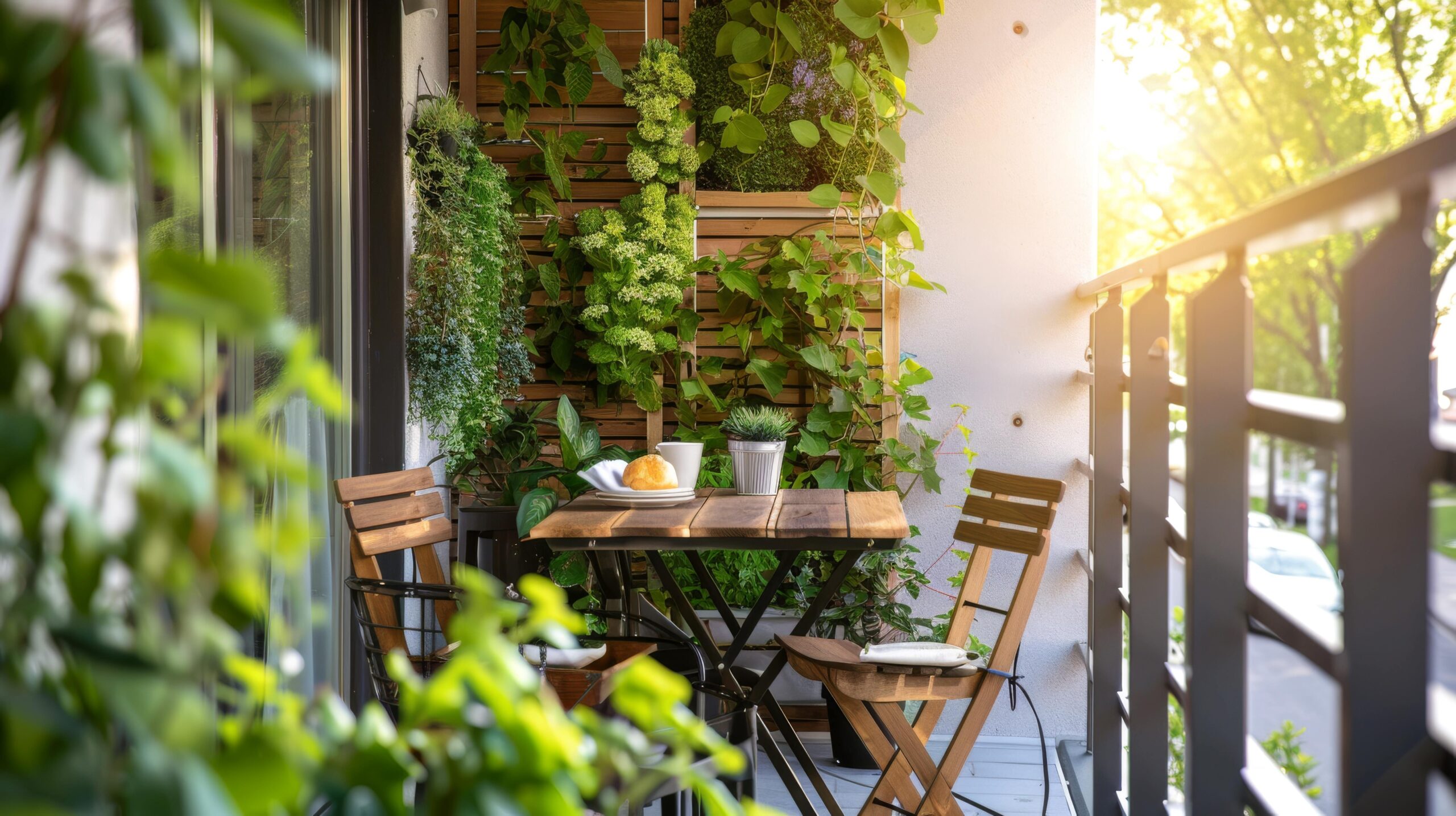 Apartment Balkon dekoriert mit grünen Pflanzen an einer Holzwand