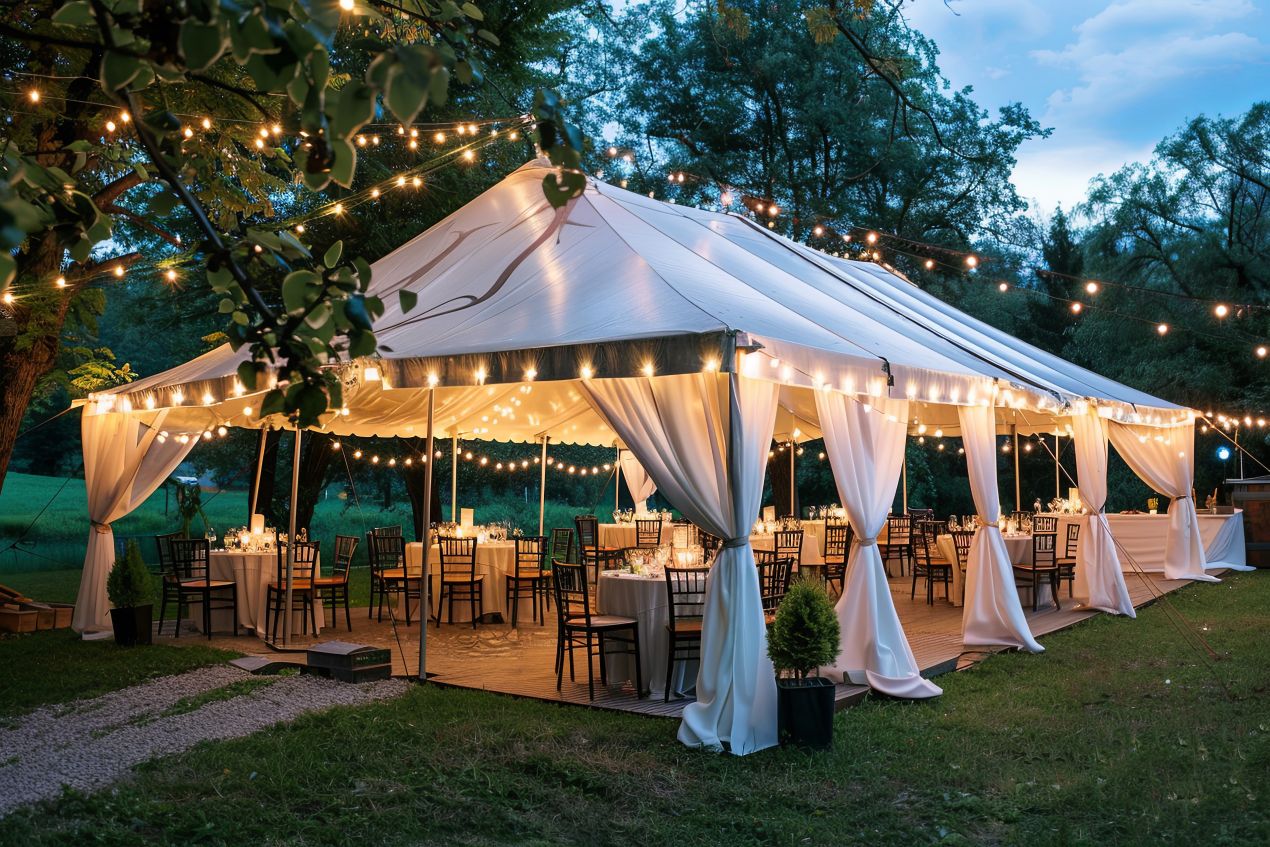 Großes Lagerzelt wasserdicht mit Beleuchtung und dekorierten Tischen, perfekt für Outdoor-Feiern bei Nacht