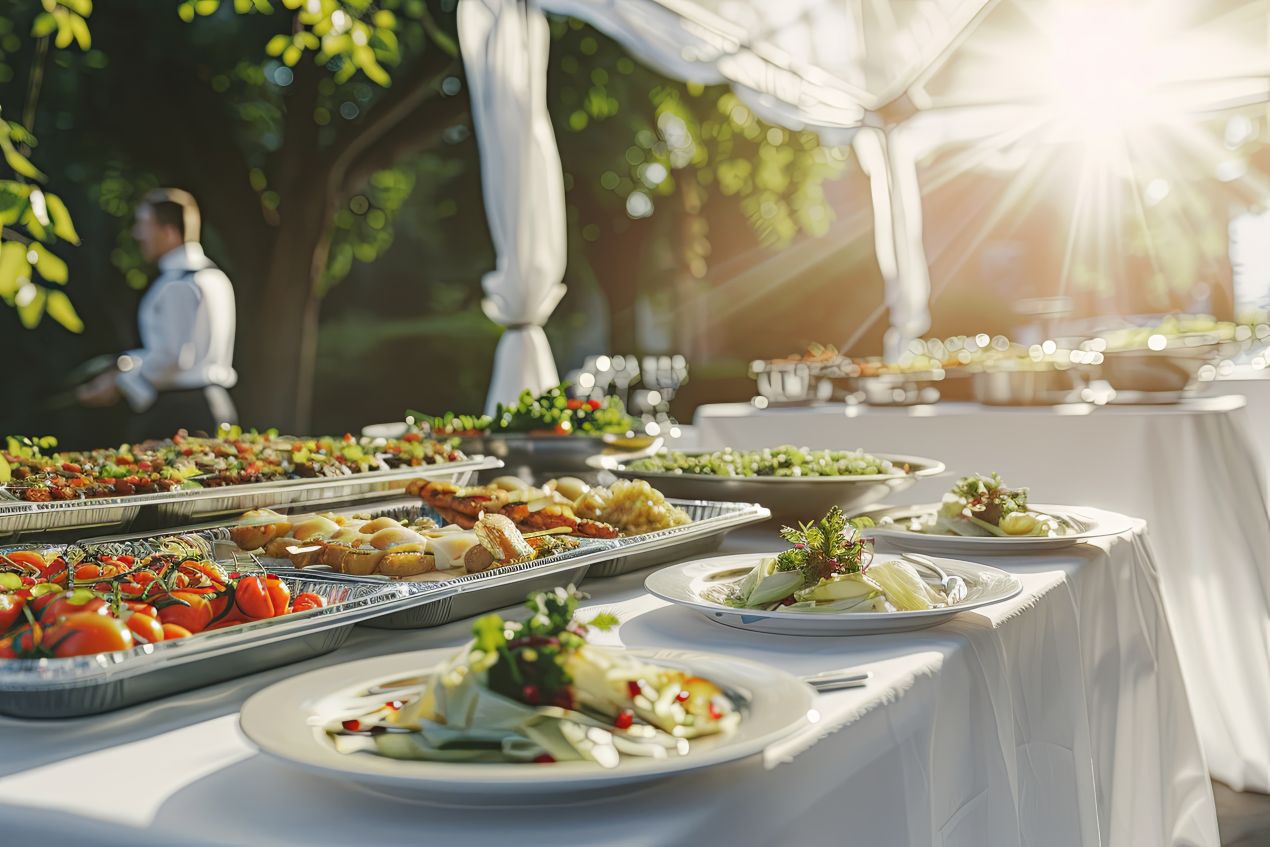 Elegantes Buffet im Freien bei Sonnenuntergang, gedeckte Tische, ideal für Veranstaltungen unter einem Lagerzelt wasserdicht